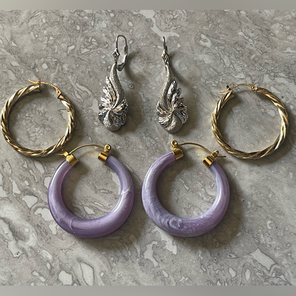 Faux lavender jade, silver and Gold Hoop Earrings Set